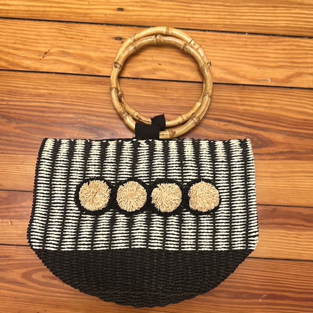 Black and Tan Woven Handbag with Bamboo Handle